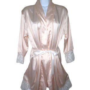 Womens Pink Satin Robe S Pink Lace Trim Knee Length Pockets Belted New Old Stock